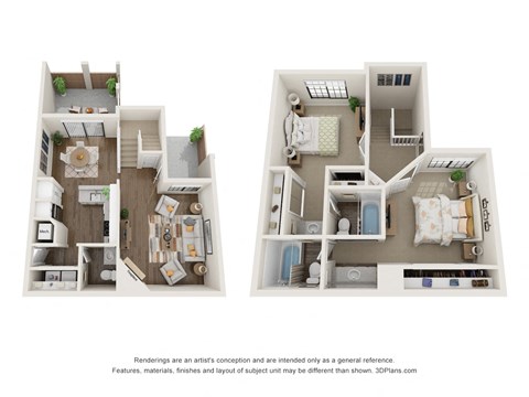 Floor plan for 2 beds, 2.5 baths, 1217 sqft